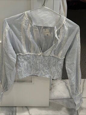 Free People Blue and White Striped Lace-Trim Smocked Top